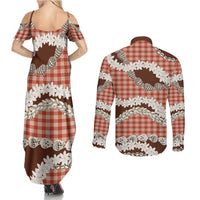 Red Hawaii Tiare and Shell Lei Couples Matching Summer Maxi Dress and Long Sleeve Button Shirt Hawaiian Palaka Luxury Vibes - Polynesian Pride