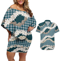 Dark Cyan Hawaii Tiare and Shell Lei Couples Matching Off Shoulder Short Dress and Hawaiian Shirt Hawaiian Palaka Luxury Vibes - Polynesian Pride