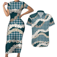 Dark Cyan Hawaii Tiare and Shell Lei Couples Matching Short Sleeve Bodycon Dress and Hawaiian Shirt Hawaiian Palaka Luxury Vibes - Polynesian Pride
