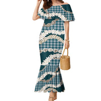 Dark Cyan Hawaii Tiare and Shell Lei Family Matching Mermaid Dress and Hawaiian Shirt Hawaiian Palaka Luxury Vibes - Polynesian Pride