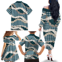 Dark Cyan Hawaii Tiare and Shell Lei Family Matching Off The Shoulder Long Sleeve Dress and Hawaiian Shirt Hawaiian Palaka Luxury Vibes - Polynesian Pride
