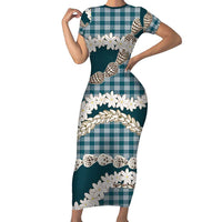 Dark Cyan Hawaii Tiare and Shell Lei Family Matching Short Sleeve Bodycon Dress and Hawaiian Shirt Hawaiian Palaka Luxury Vibes - Polynesian Pride
