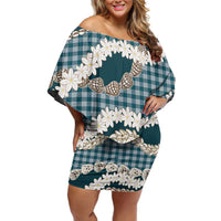 Dark Cyan Hawaii Tiare and Shell Lei Off Shoulder Short Dress Hawaiian Palaka Luxury Vibes LT14 Women Dark Cyan - Polynesian Pride