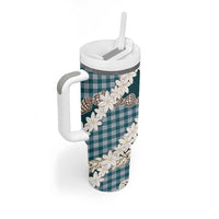 Dark Cyan Hawaii Tiare and Shell Lei Tumbler With Handle Hawaiian Palaka Luxury Vibes LT14 - Polynesian Pride