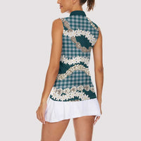 Dark Cyan Hawaii Tiare and Shell Lei Women Sleeveless Polo Shirt Hawaiian Palaka Luxury Vibes - Polynesian Pride