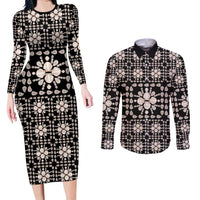 Aloha Hawaii Shell Quilt Couples Matching Long Sleeve Bodycon Dress and Long Sleeve Button Shirt Seamless Style LT14 Black - Polynesian Pride