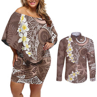 Mocha Mousse Polynesian Tribal Frangipani Tropical Vibe Couples Matching Off Shoulder Short Dress and Long Sleeve Button Shirt
