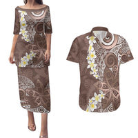 Mocha Mousse Polynesian Tribal Frangipani Tropical Vibe Couples Matching Puletasi and Hawaiian Shirt