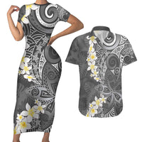 Gray Polynesian Tribal Frangipani Tropical Vibe Couples Matching Short Sleeve Bodycon Dress and Hawaiian Shirt