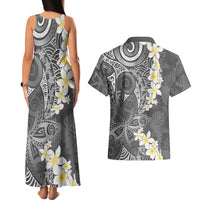 Gray Polynesian Tribal Frangipani Tropical Vibe Couples Matching Tank Maxi Dress and Hawaiian Shirt