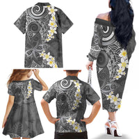 Gray Polynesian Tribal Frangipani Tropical Vibe Family Matching Off The Shoulder Long Sleeve Dress and Hawaiian Shirt