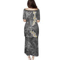 Gray Polynesian Tribal Frangipani Tropical Vibe Family Matching Puletasi and Hawaiian Shirt