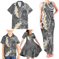 Gray Polynesian Tribal Frangipani Tropical Vibe Family Matching Tank Maxi Dress and Hawaiian Shirt