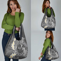 Gray Polynesian Tribal Frangipani Tropical Vibe Grocery Bag