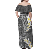 Gray Polynesian Tribal Frangipani Tropical Vibe Off Shoulder Maxi Dress