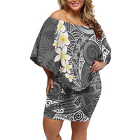 Gray Polynesian Tribal Frangipani Tropical Vibe Off Shoulder Short Dress