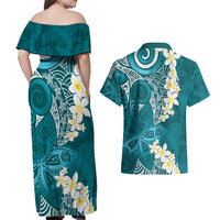 Cyan Polynesian Tribal Frangipani Tropical Vibe Couples Matching Off Shoulder Maxi Dress and Hawaiian Shirt