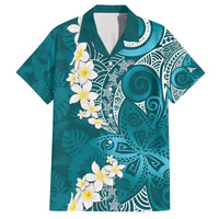 Cyan Polynesian Tribal Frangipani Tropical Vibe Family Matching Off The Shoulder Long Sleeve Dress and Hawaiian Shirt