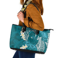 Cyan Polynesian Tribal Frangipani Tropical Vibe Leather Tote Bag