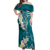 Cyan Polynesian Tribal Frangipani Tropical Vibe Off Shoulder Maxi Dress