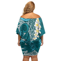 Cyan Polynesian Tribal Frangipani Tropical Vibe Off Shoulder Short Dress