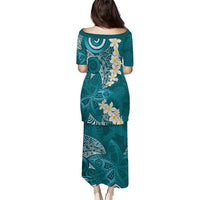 Cyan Polynesian Tribal Frangipani Tropical Vibe Puletasi