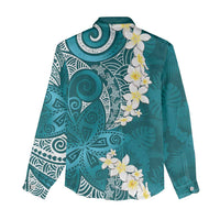 Cyan Polynesian Tribal Frangipani Tropical Vibe Women Casual Shirt