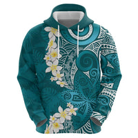 Cyan Polynesian Tribal Frangipani Tropical Vibe Zip Hoodie