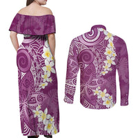 Pink Polynesian Tribal Frangipani Tropical Vibe Couples Matching Off Shoulder Maxi Dress and Long Sleeve Button Shirt