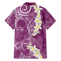 Pink Polynesian Tribal Frangipani Tropical Vibe Family Matching Off The Shoulder Long Sleeve Dress and Hawaiian Shirt