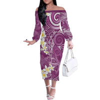 Pink Polynesian Tribal Frangipani Tropical Vibe Family Matching Off The Shoulder Long Sleeve Dress and Hawaiian Shirt
