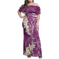 Pink Polynesian Tribal Frangipani Tropical Vibe Family Matching Off Shoulder Maxi Dress and Hawaiian Shirt