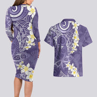 Violet Polynesian Tribal Frangipani Tropical Vibe Couples Matching Long Sleeve Bodycon Dress and Hawaiian Shirt