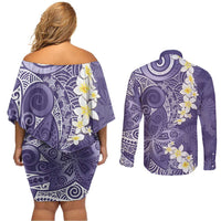 Violet Polynesian Tribal Frangipani Tropical Vibe Couples Matching Off Shoulder Short Dress and Long Sleeve Button Shirt