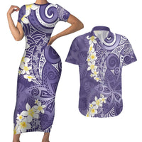 Violet Polynesian Tribal Frangipani Tropical Vibe Couples Matching Short Sleeve Bodycon Dress and Hawaiian Shirt