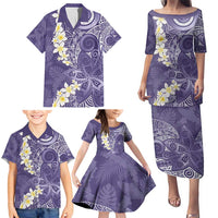 Violet Polynesian Tribal Frangipani Tropical Vibe Family Matching Puletasi and Hawaiian Shirt