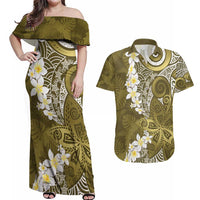 Gold Polynesian Tribal Frangipani Tropical Vibe Couples Matching Off Shoulder Maxi Dress and Hawaiian Shirt
