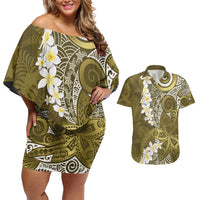 Gold Polynesian Tribal Frangipani Tropical Vibe Couples Matching Off Shoulder Short Dress and Hawaiian Shirt
