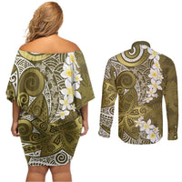 Gold Polynesian Tribal Frangipani Tropical Vibe Couples Matching Off Shoulder Short Dress and Long Sleeve Button Shirt LT14 - Polynesian Pride