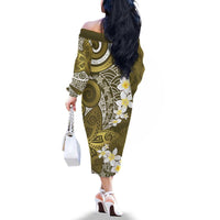 Gold Polynesian Tribal Frangipani Tropical Vibe Family Matching Off The Shoulder Long Sleeve Dress and Hawaiian Shirt