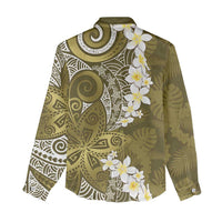 Gold Polynesian Tribal Frangipani Tropical Vibe Women Casual Shirt