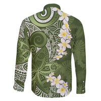 Green Polynesian Tribal Frangipani Tropical Vibe Family Matching Off The Shoulder Long Sleeve Dress and Hawaiian Shirt