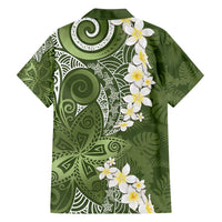 Green Polynesian Tribal Frangipani Tropical Vibe Family Matching Off Shoulder Maxi Dress and Hawaiian Shirt