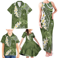 Green Polynesian Tribal Frangipani Tropical Vibe Family Matching Tank Maxi Dress and Hawaiian Shirt