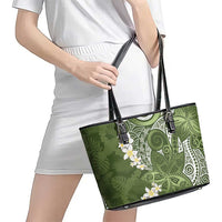 Green Polynesian Tribal Frangipani Tropical Vibe Leather Tote Bag