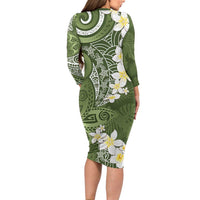 Green Polynesian Tribal Frangipani Tropical Vibe Long Sleeve Bodycon Dress