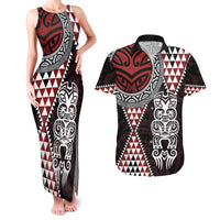 Red Aotearoa Niho Taniwha Couples Matching Tank Maxi Dress and Hawaiian Shirt Maori Mythology Tooth - Taniko Motifs LT14 Red - Polynesian Pride
