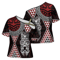 Red Aotearoa Niho Taniwha Cross Shoulder Shirt Maori Mythology Tooth - Taniko Motifs - Polynesian Pride