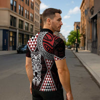 Red Aotearoa Niho Taniwha Zipper Polo Shirt Maori Mythology Tooth - Taniko Motifs - Polynesian Pride
