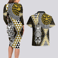 Yellow Aotearoa Niho Taniwha Couples Matching Long Sleeve Bodycon Dress and Hawaiian Shirt Maori Mythology Tooth - Taniko Motifs